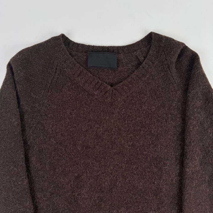 Prada 1990's Brown Alpaca/Wool Blend Chunky Knit V-Neck Pullover