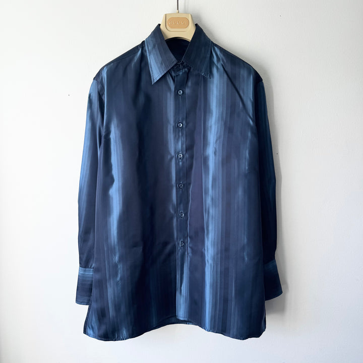Gucci By Tom Ford FW1997 Navy Silk Satin Striped Button-Up Shirt