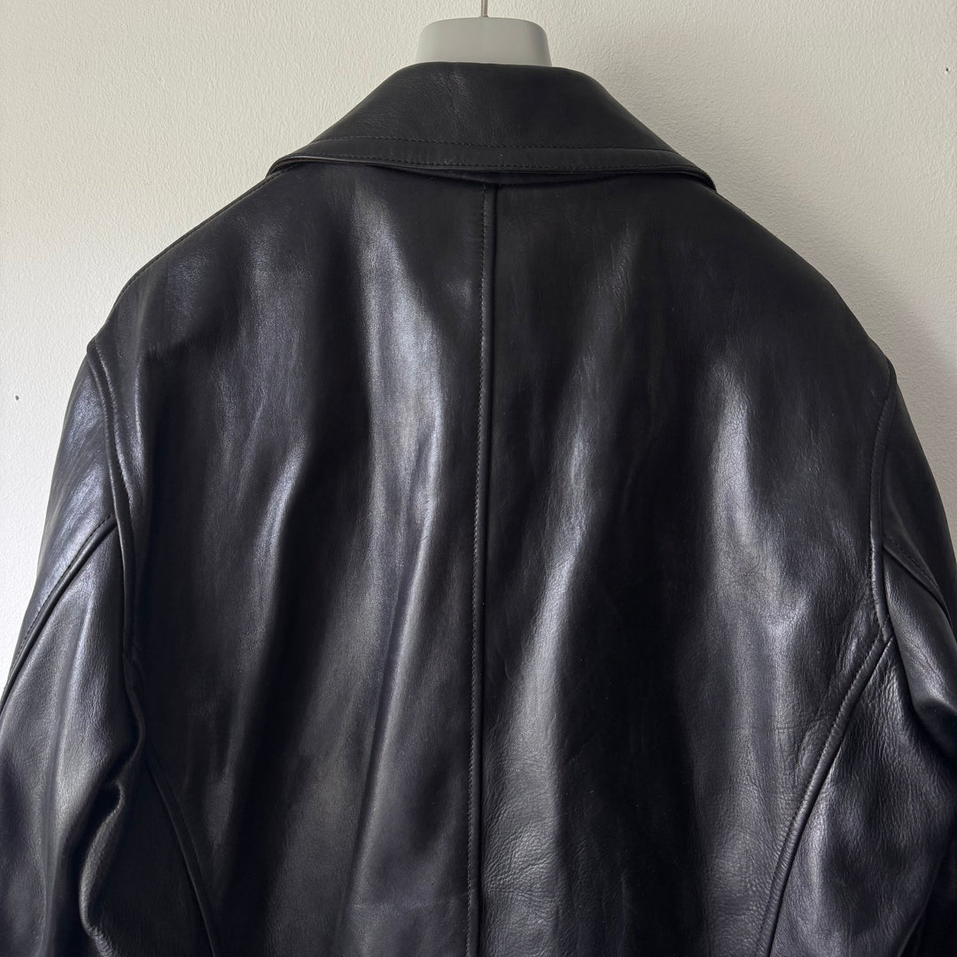 Prada 1990's Black Calf Leather 4-Pocket Double Breasted Peacoat Jacket