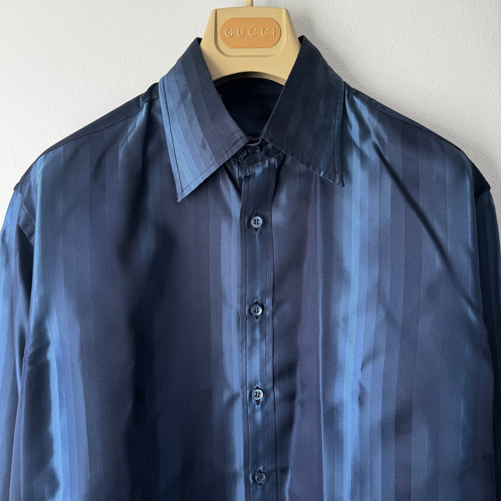 Gucci By Tom Ford FW1997 Navy Silk Satin Striped Button-Up Shirt