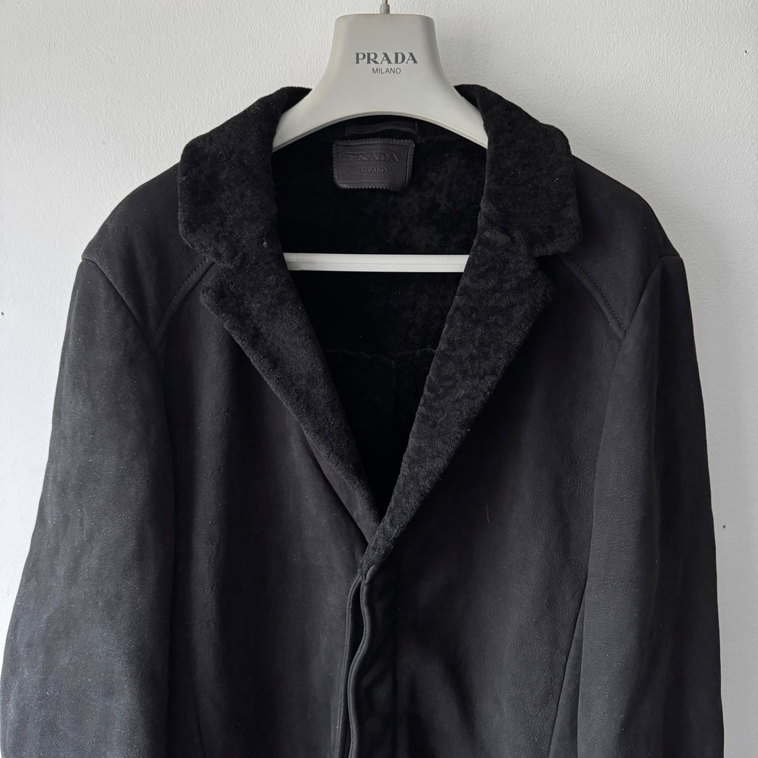 Prada FW2013 Black Reverse Lamb Fur Shearling Leather Button-Up Coat