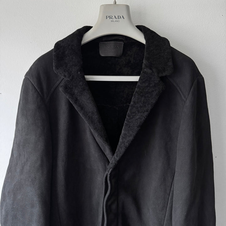 Prada FW2013 Black Reverse Lamb Fur Shearling Leather Button-Up Coat