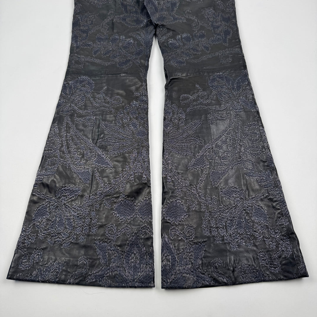 Gucci By Tom Ford SS2000 Black Embroidered Flared Bootcut Leather Pants