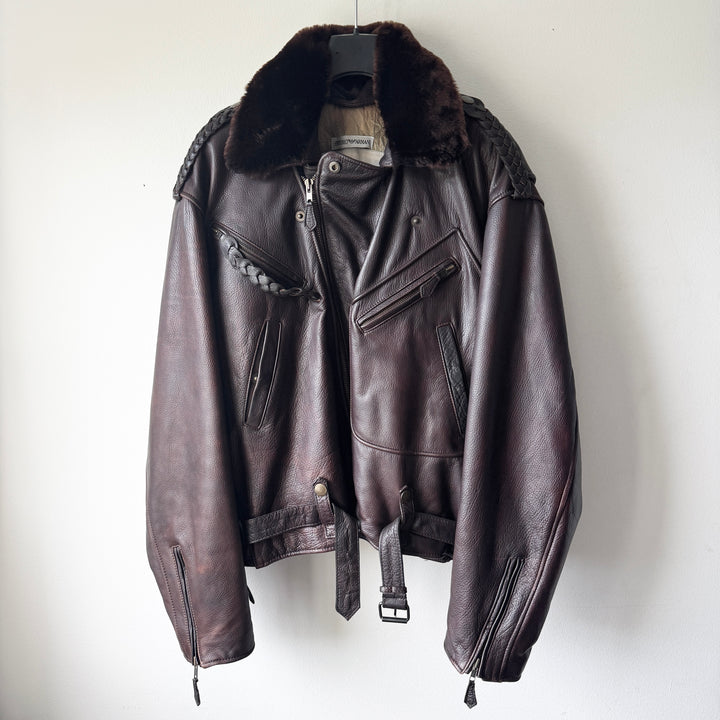 Emporio Armani 1990s Brown Fur Collar Perfecto Biker Jacket