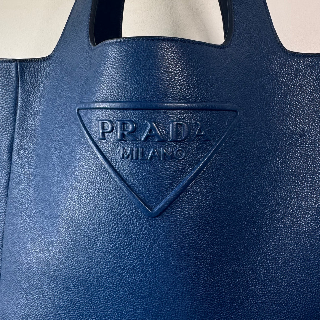 Prada Blue Triangle Logo Nappa Leather Large Tote Bag