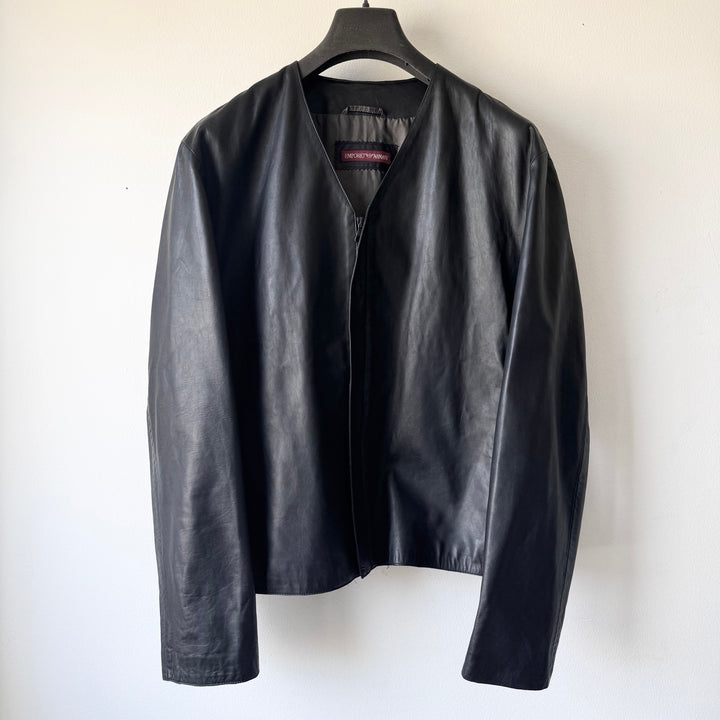 Emporio Armani 1980’s Navy Collarless Cropped Lamb Leather Jacket