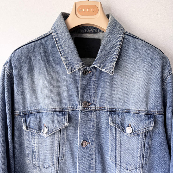Gucci By Tom Ford 2000’s Light Blue Washed Distressed Denim Trucker Jacket