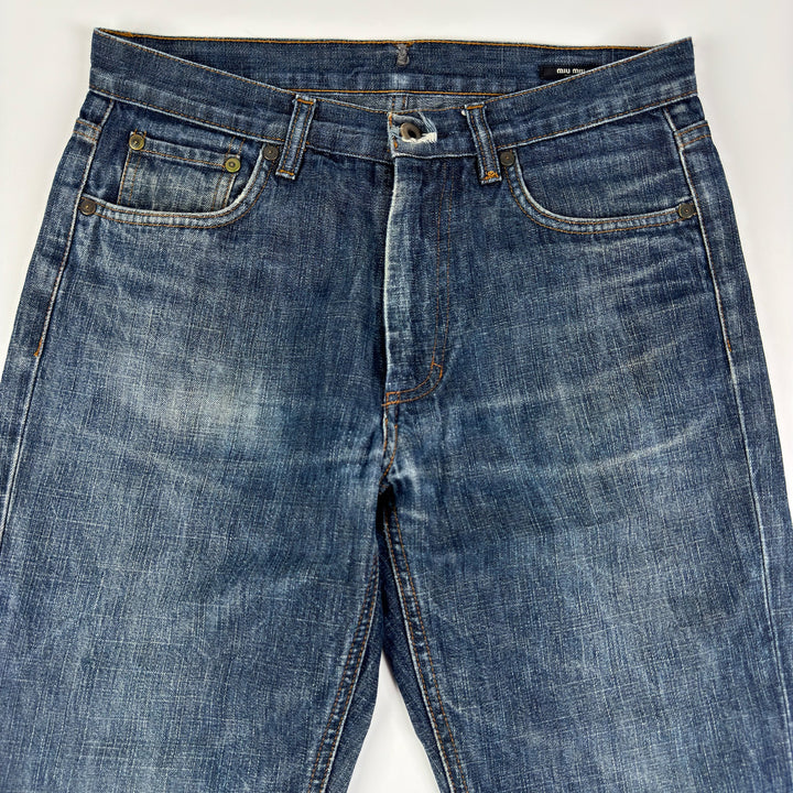 Miu Miu 2000’s Faded Distressed Bootcut Flared Raw Denim Jeans