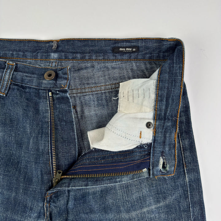 Miu Miu 2000’s Faded Distressed Bootcut Flared Raw Denim Jeans